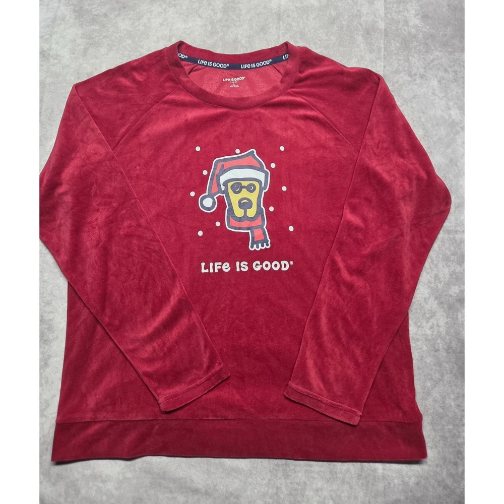 Life Is Good Sleep Santa Puppy Velour Top Size L Soft Red Christmas Comfy EUC